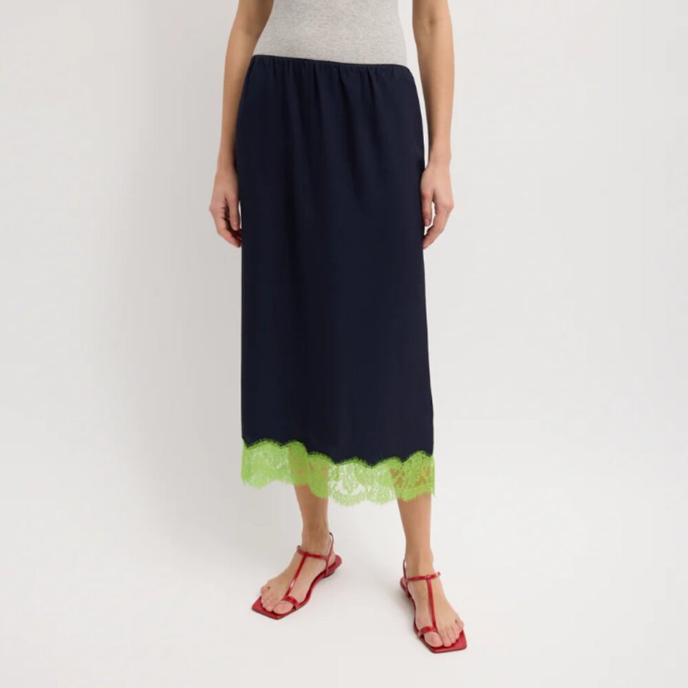 TIBI The Slip Skirt NWT Midnight Blue w/ Bright Lime Green Lace size L